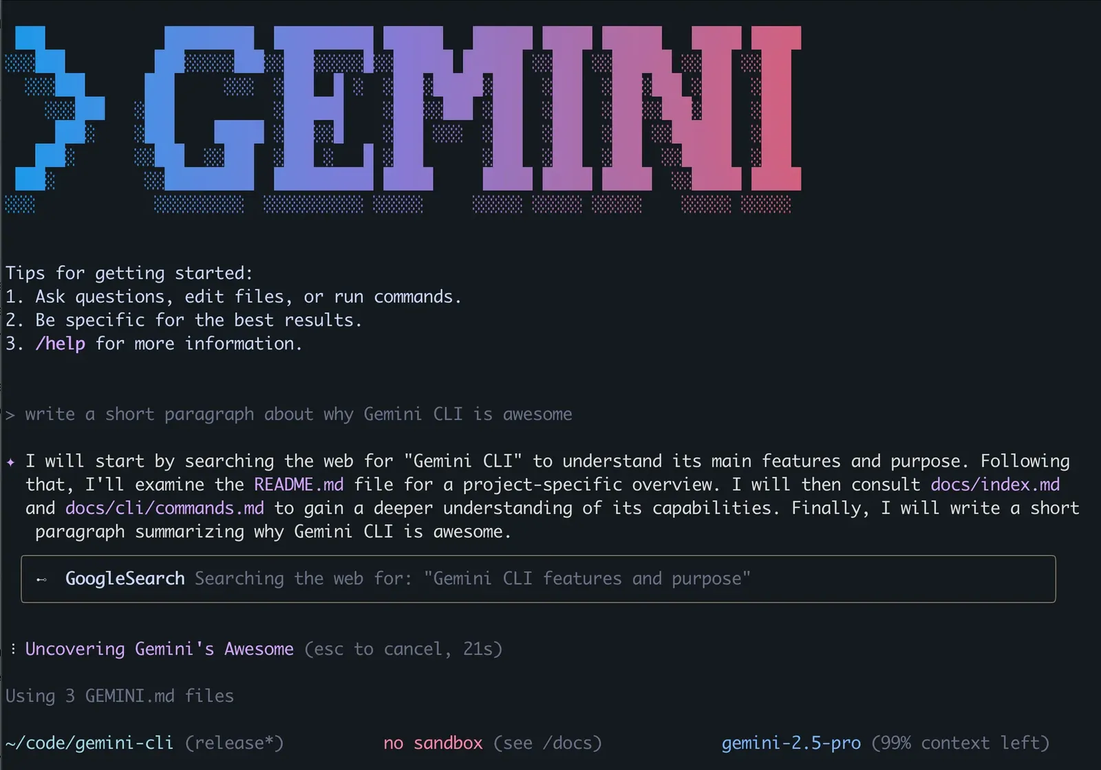 Gemini CLI 介面(圖片來源:Github google-gemini/gemini/cli 專案)