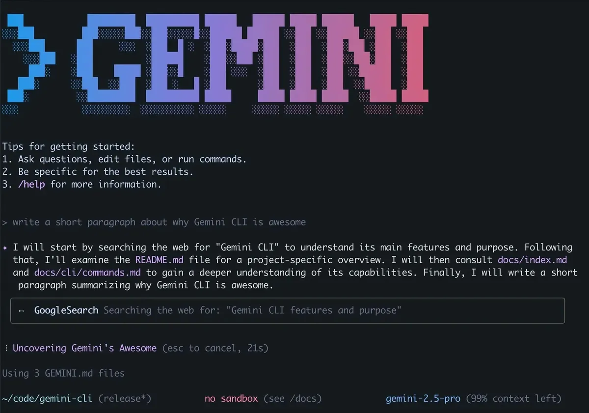 Gemini CLI 介面(圖片來源:Github google-gemini/gemini/cli 專案)